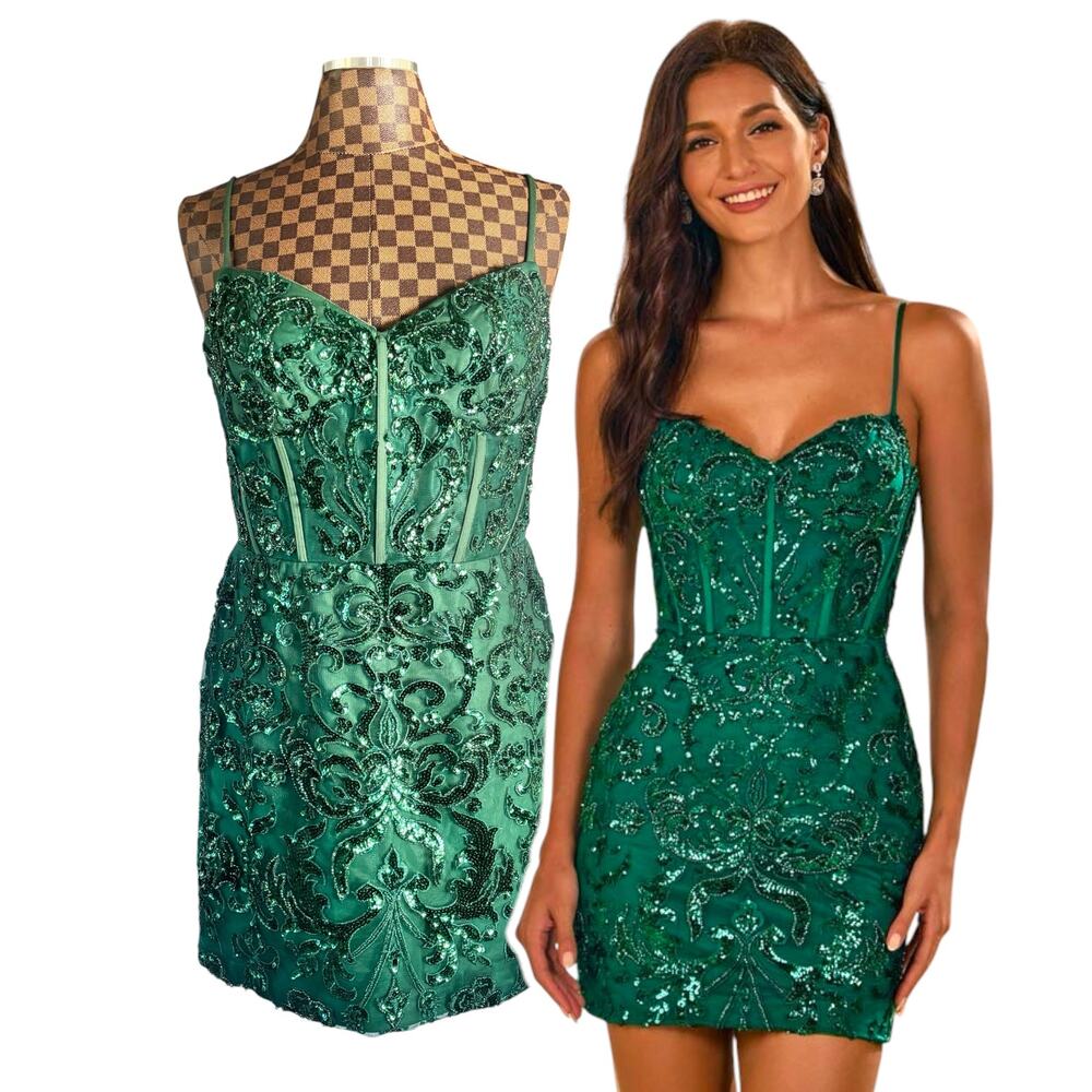 Stacees US 16 Emerald Green Sequin Corset Cocktail Dress NWT Formal Party Hoco